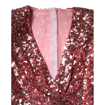 Dolce & Gabbana Pink Sequin Statement Nylon Midi V-Neck Dress Dolce & Gabbana