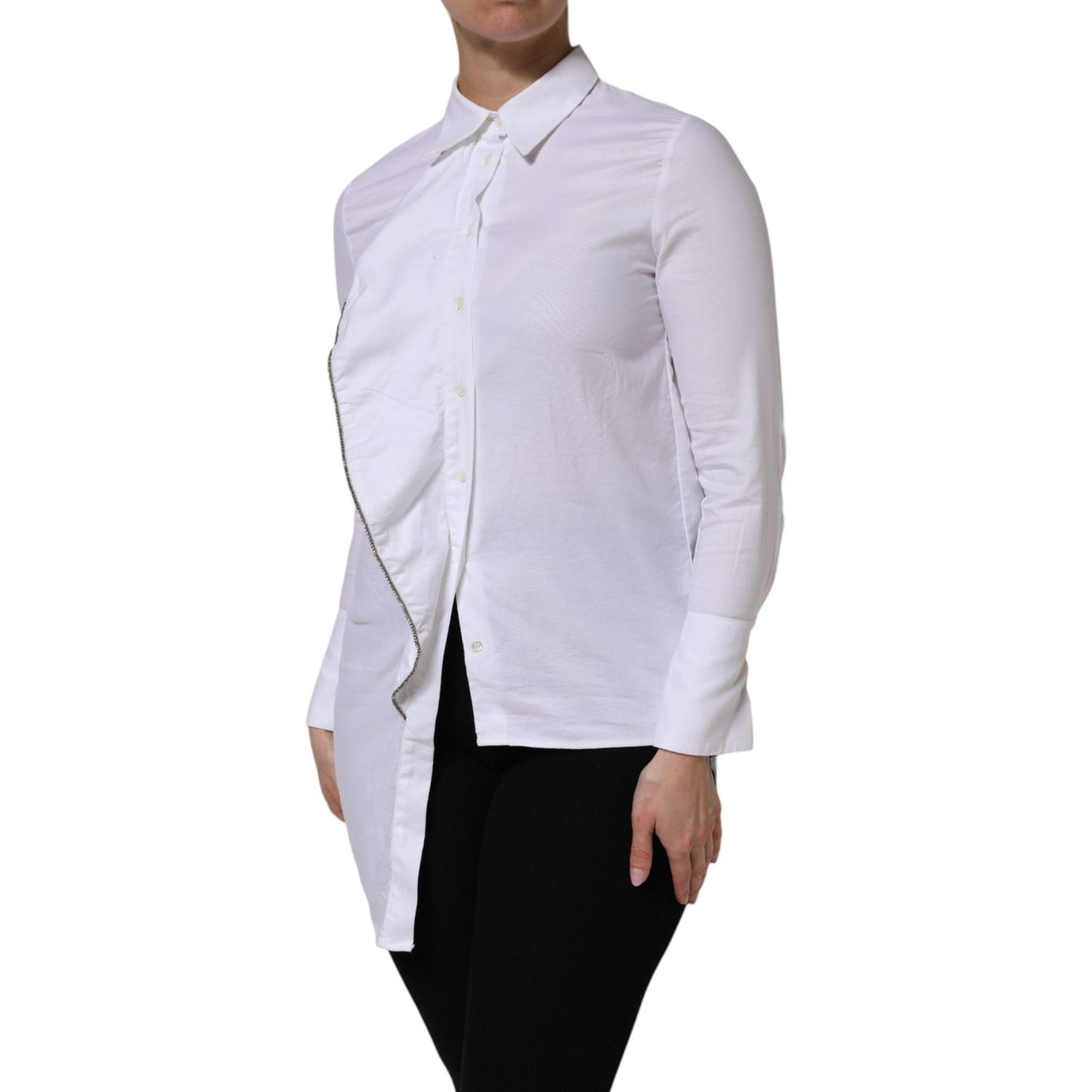 AGLINI White Cotton Collared Long Sleeves Ruffle Top Shirt AGLINI