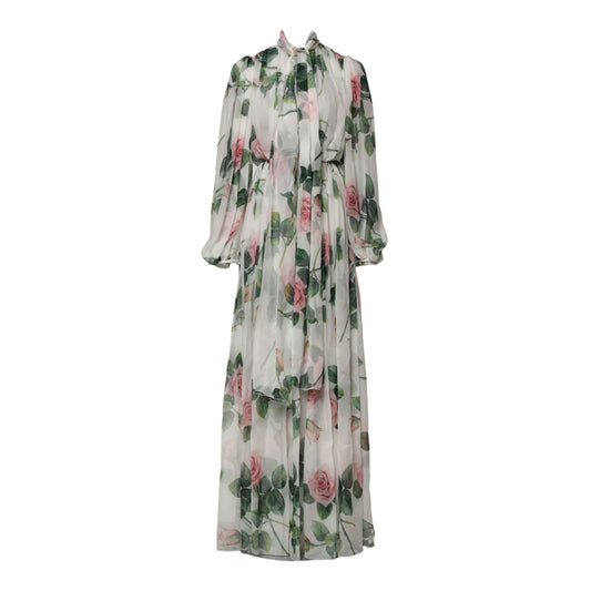 Dolce & Gabbana White Floral Roses Silk Maxi Long Gown Dress Dolce & Gabbana