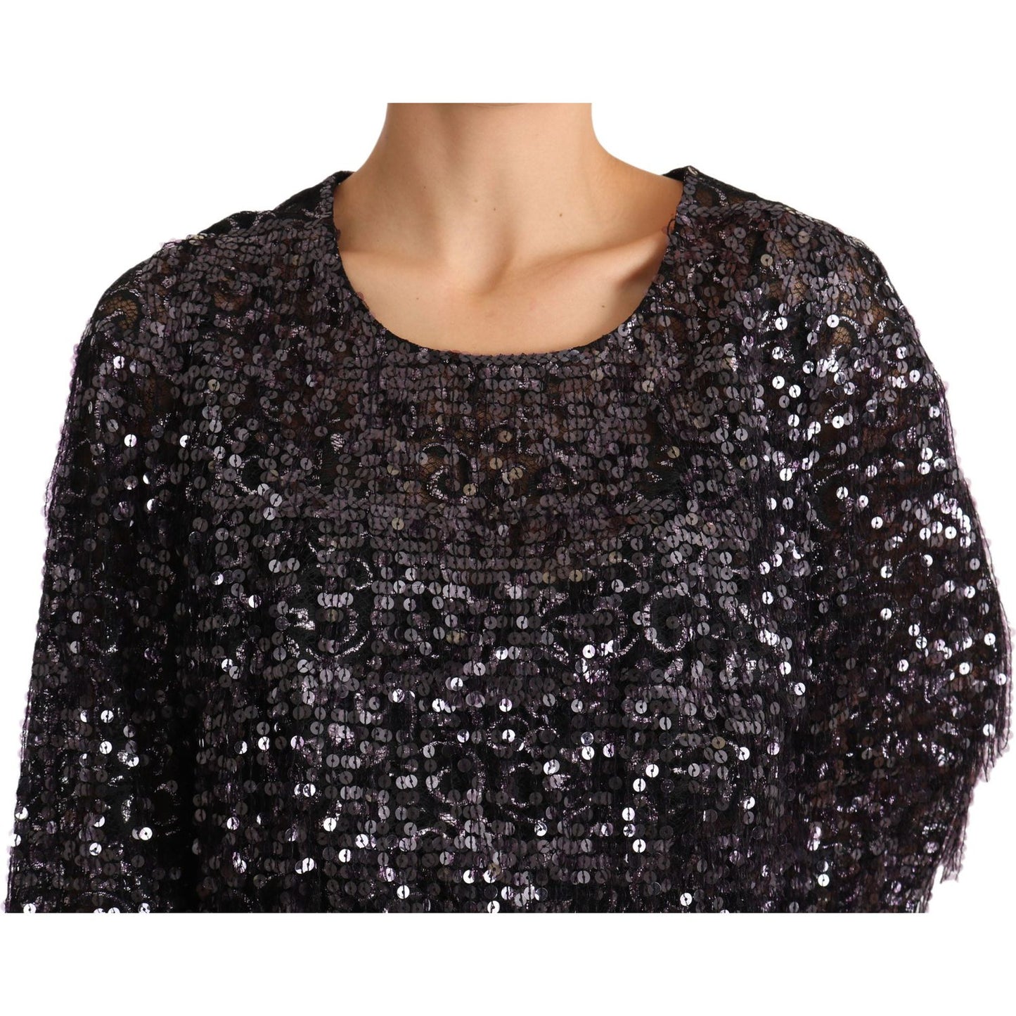 Dolce & Gabbana Black Sequined Long Sleeve Shift Midi Dress