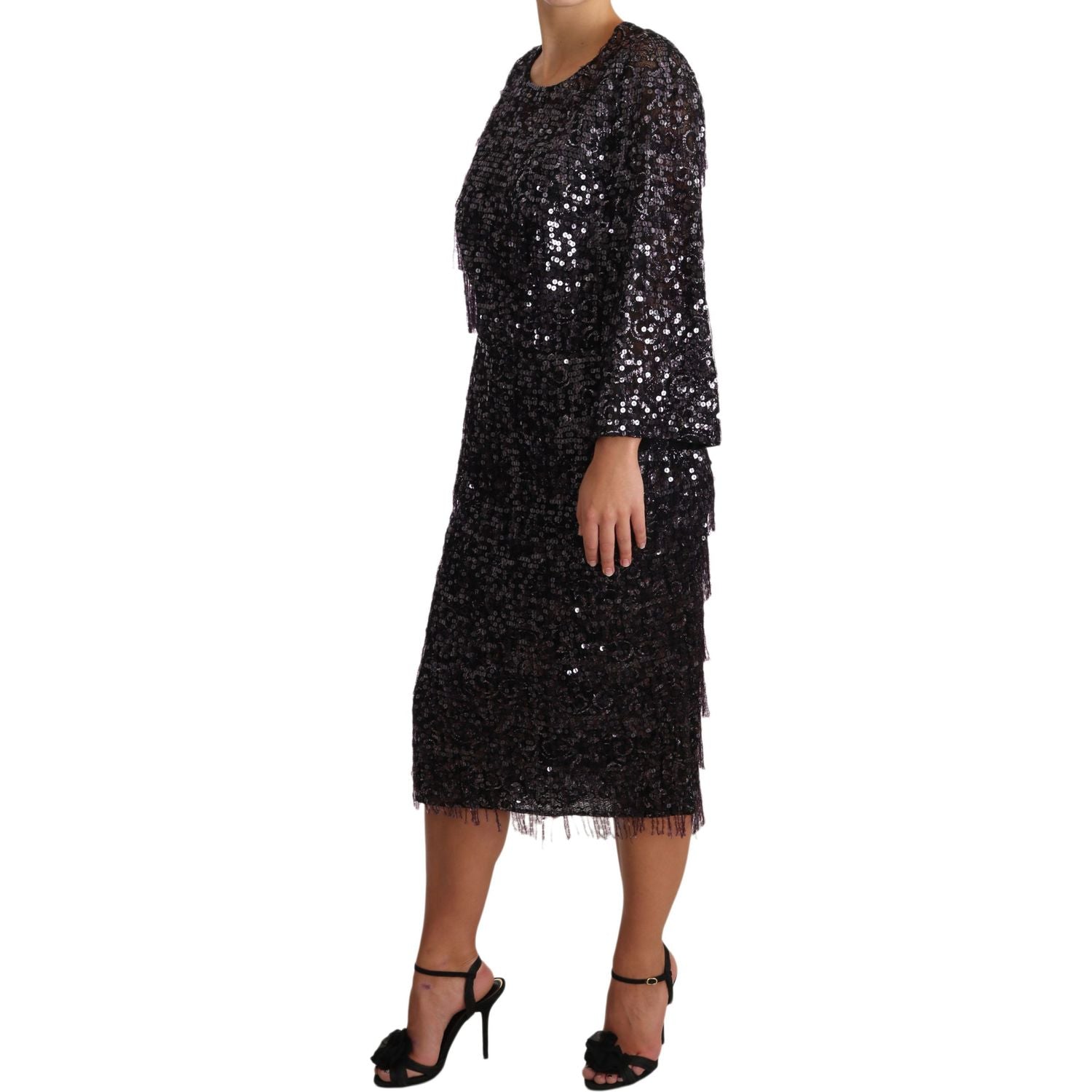 Dolce & Gabbana Black Sequined Long Sleeve Shift Midi Dress