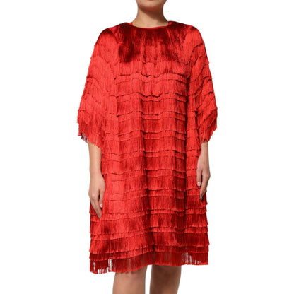 Dolce & Gabbana Red Silk Tiers Fringe Shift Knee Length Dress Dolce & Gabbana