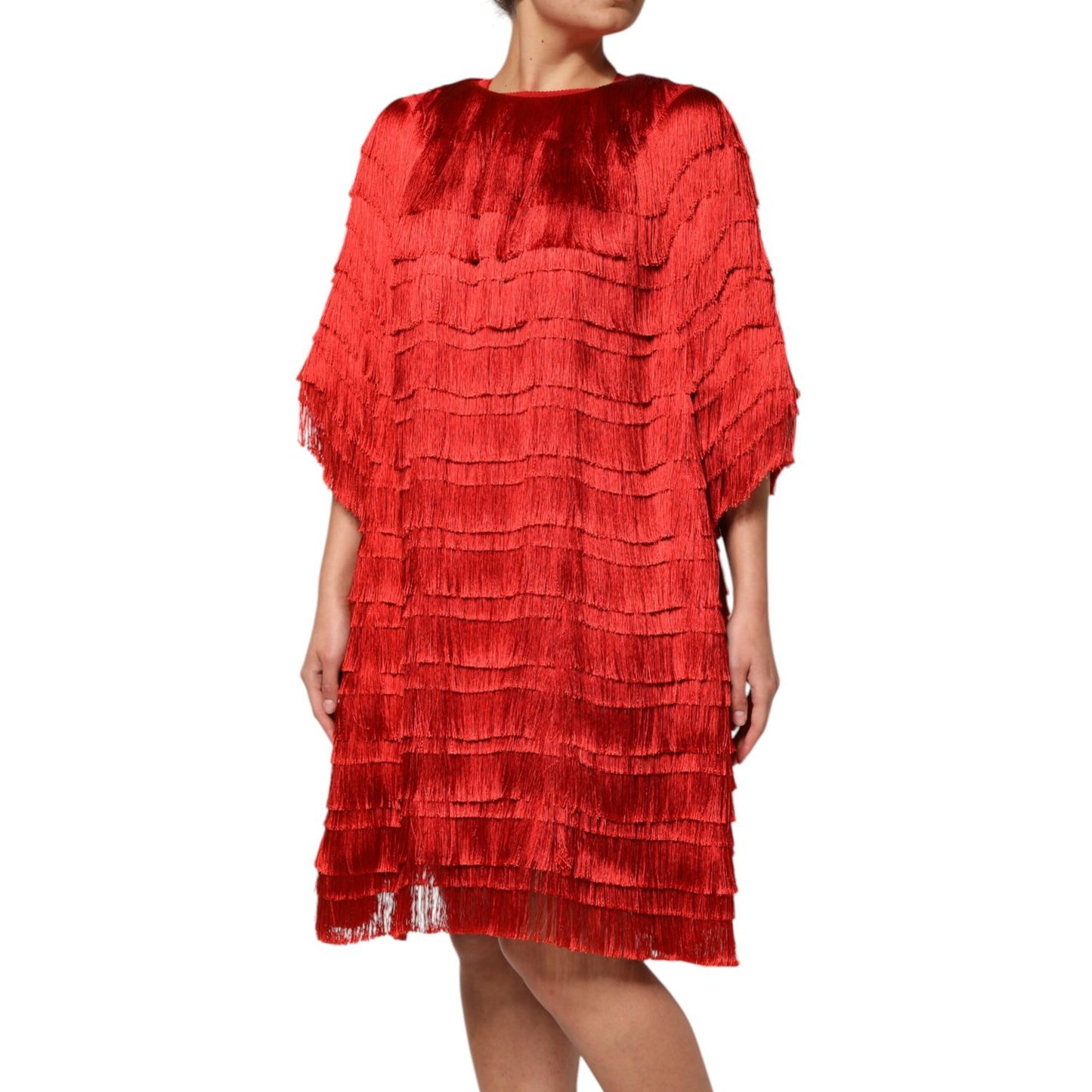 Dolce & Gabbana Red Silk Tiers Fringe Shift Knee Length Dress Dolce & Gabbana