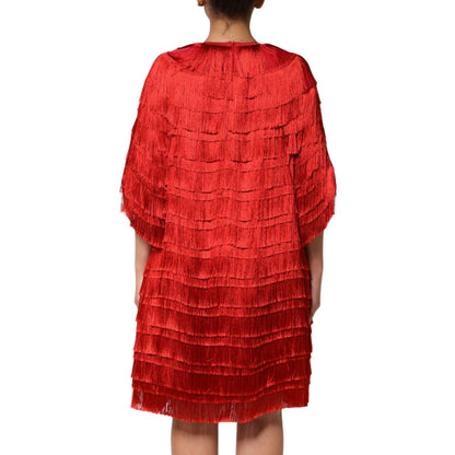 Dolce & Gabbana Red Silk Tiers Fringe Shift Knee Length Dress Dolce & Gabbana