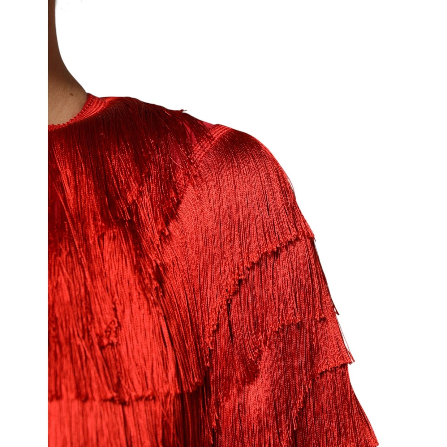 Dolce & Gabbana Red Silk Tiers Fringe Shift Knee Length Dress Dolce & Gabbana