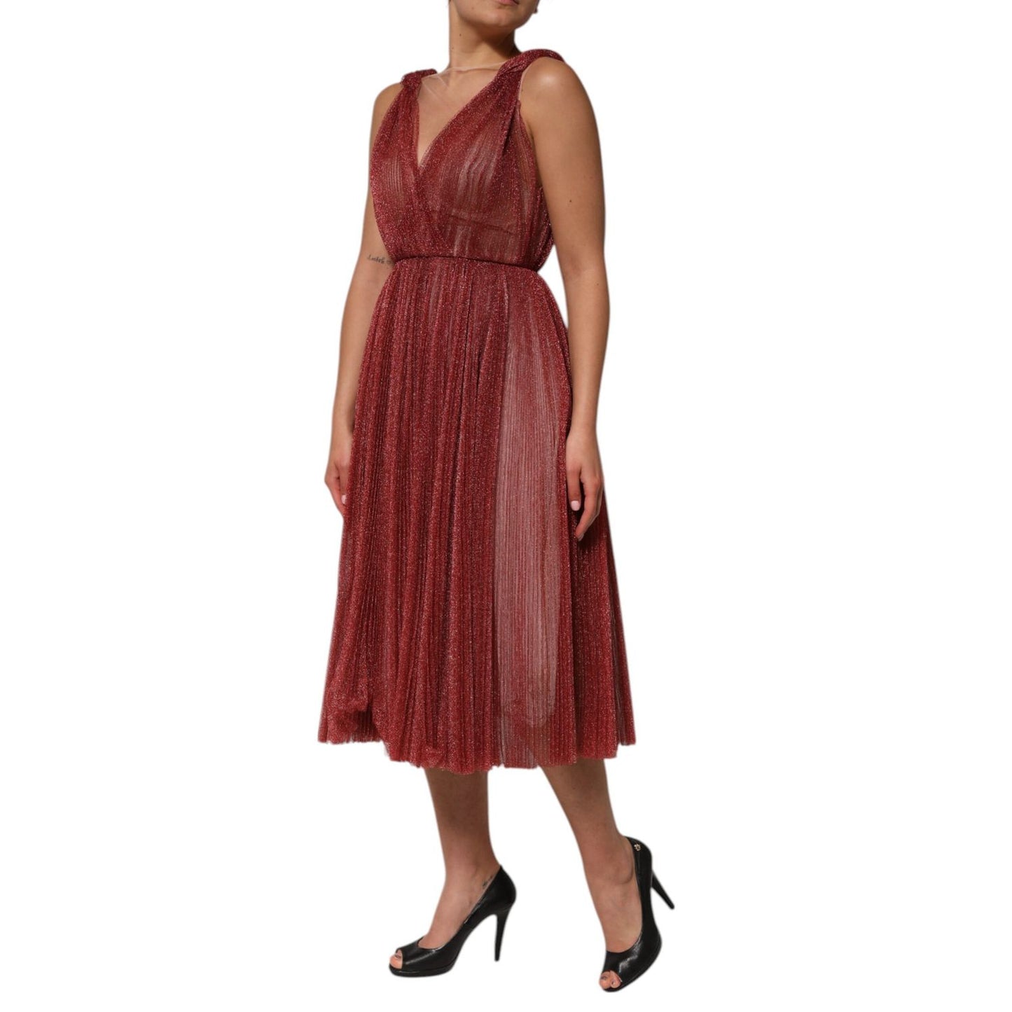 Dolce & Gabbana Burgundy Mesh Sleeveless Midi A-line Dress Dolce & Gabbana