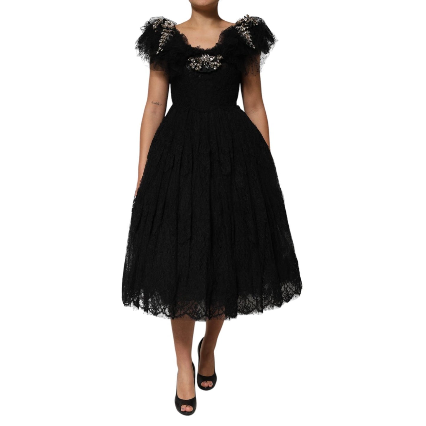 Dolce & Gabbana Black Crystal Embellished Midi A-line Dress Dolce & Gabbana