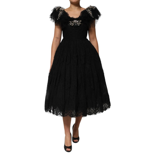 Dolce & Gabbana Black Crystal Embellished Midi A-line Dress Dolce & Gabbana