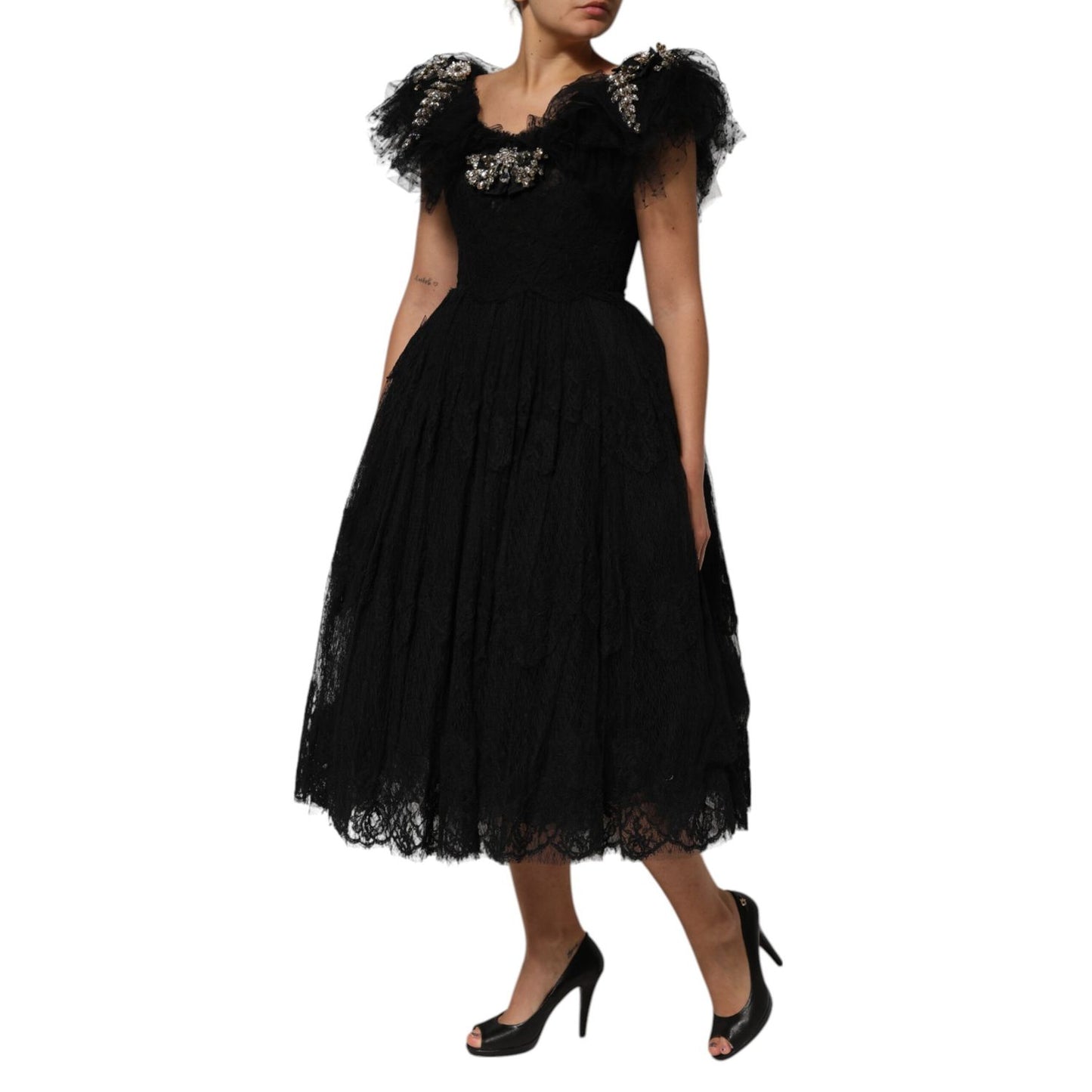 Dolce & Gabbana Black Crystal Embellished Midi A-line Dress Dolce & Gabbana