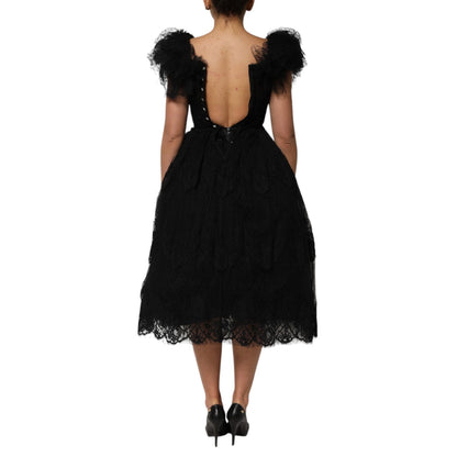 Dolce & Gabbana Black Crystal Embellished Midi A-line Dress Dolce & Gabbana