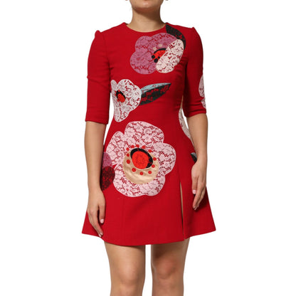 Dolce & Gabbana Red Lace Floral Applique A-line Mini Dress Dolce & Gabbana