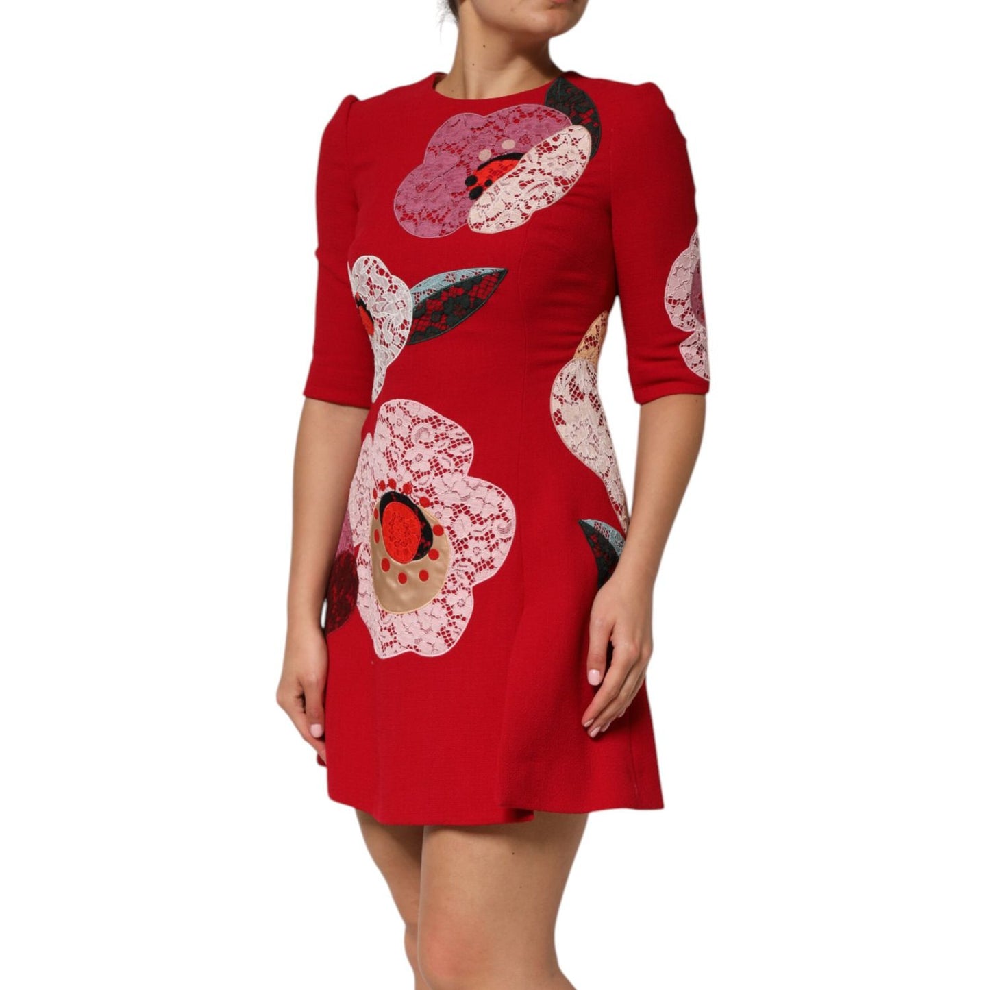 Dolce & Gabbana Red Lace Floral Applique A-line Mini Dress Dolce & Gabbana
