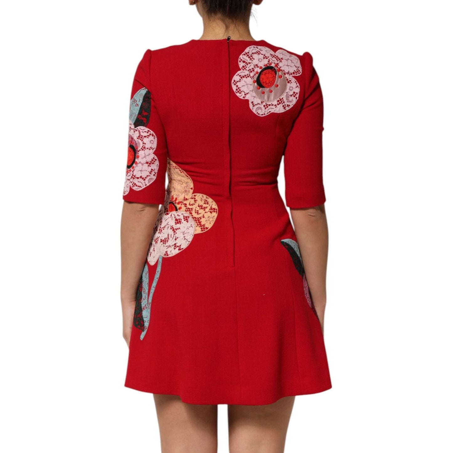 Dolce & Gabbana Red Lace Floral Applique A-line Mini Dress Dolce & Gabbana