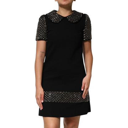 Dolce & Gabbana Black Crystal Embellished Collared Mini Dress Dolce & Gabbana