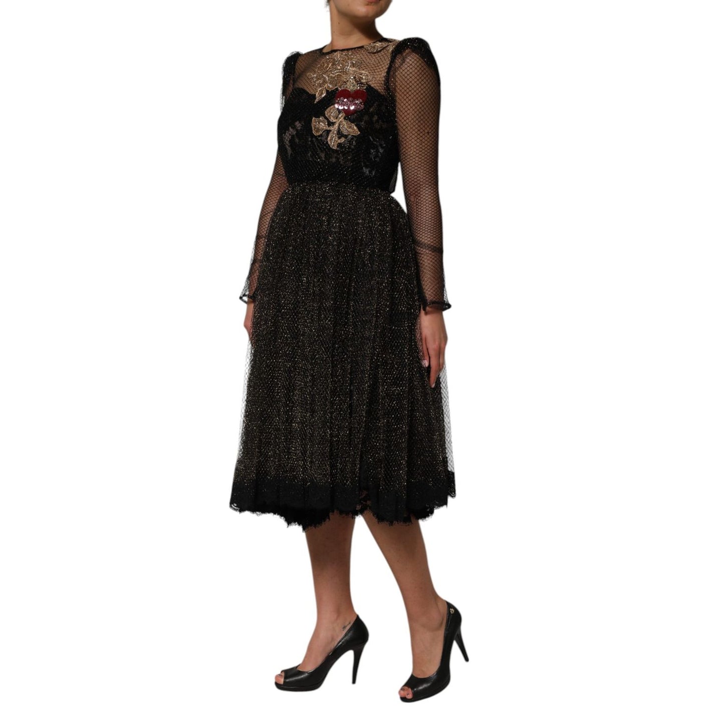 Dolce & Gabbana Black Crystal Heart Embellished A-line Dress Dolce & Gabbana