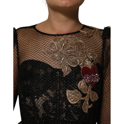 Dolce & Gabbana Black Crystal Heart Embellished A-line Dress Dolce & Gabbana