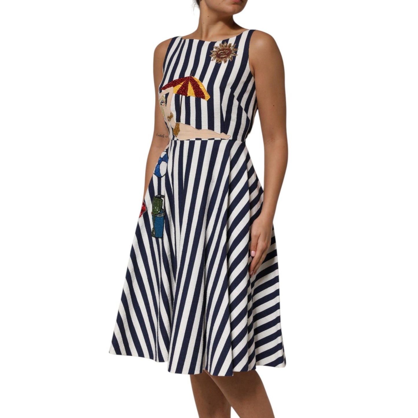 Dolce & Gabbana Blue White Striped Embroidered A-line Dress Dolce & Gabbana