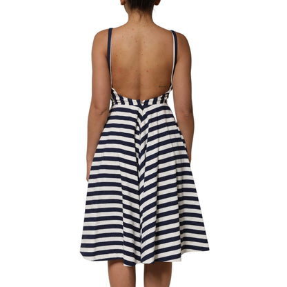 Dolce & Gabbana Blue White Striped Embroidered A-line Dress Dolce & Gabbana