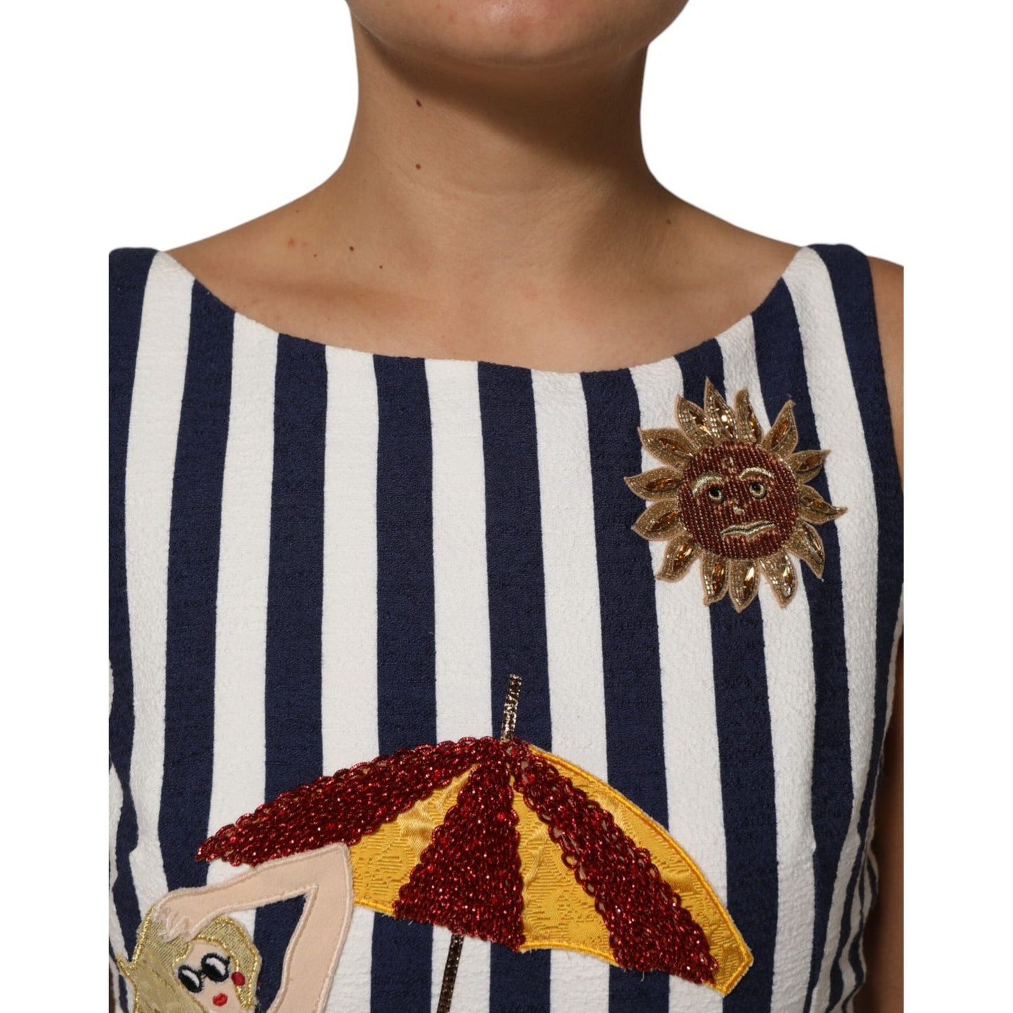Dolce & Gabbana Blue White Striped Embroidered A-line Dress Dolce & Gabbana