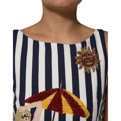 Dolce & Gabbana Blue White Striped Embroidered A-line Dress Dolce & Gabbana