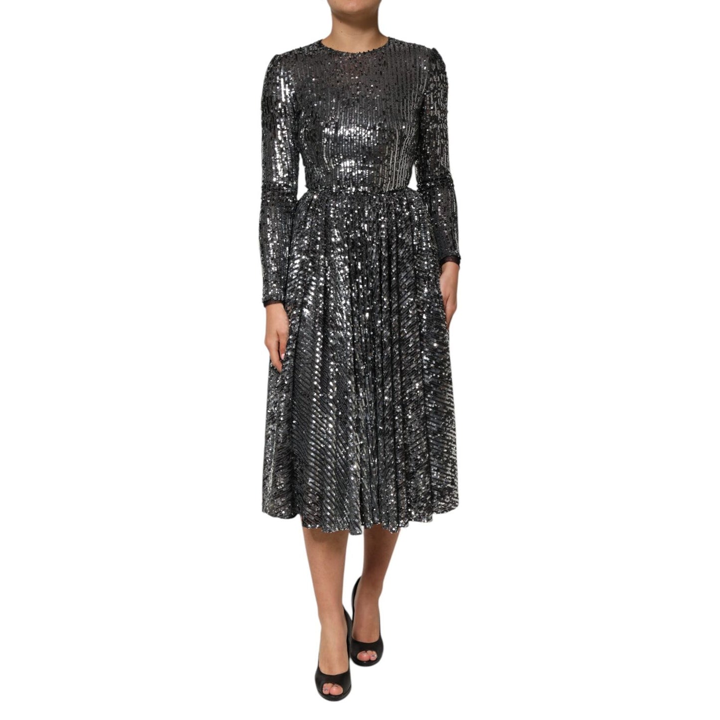 Dolce & Gabbana Black Sequined Long Sleeves Midi A-line Dress Dolce & Gabbana