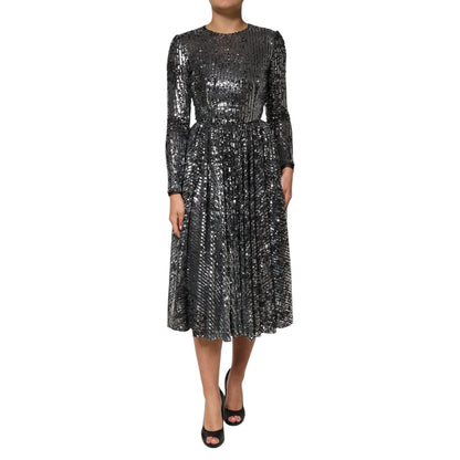 Dolce & Gabbana Black Sequined Long Sleeves Midi A-line Dress Dolce & Gabbana