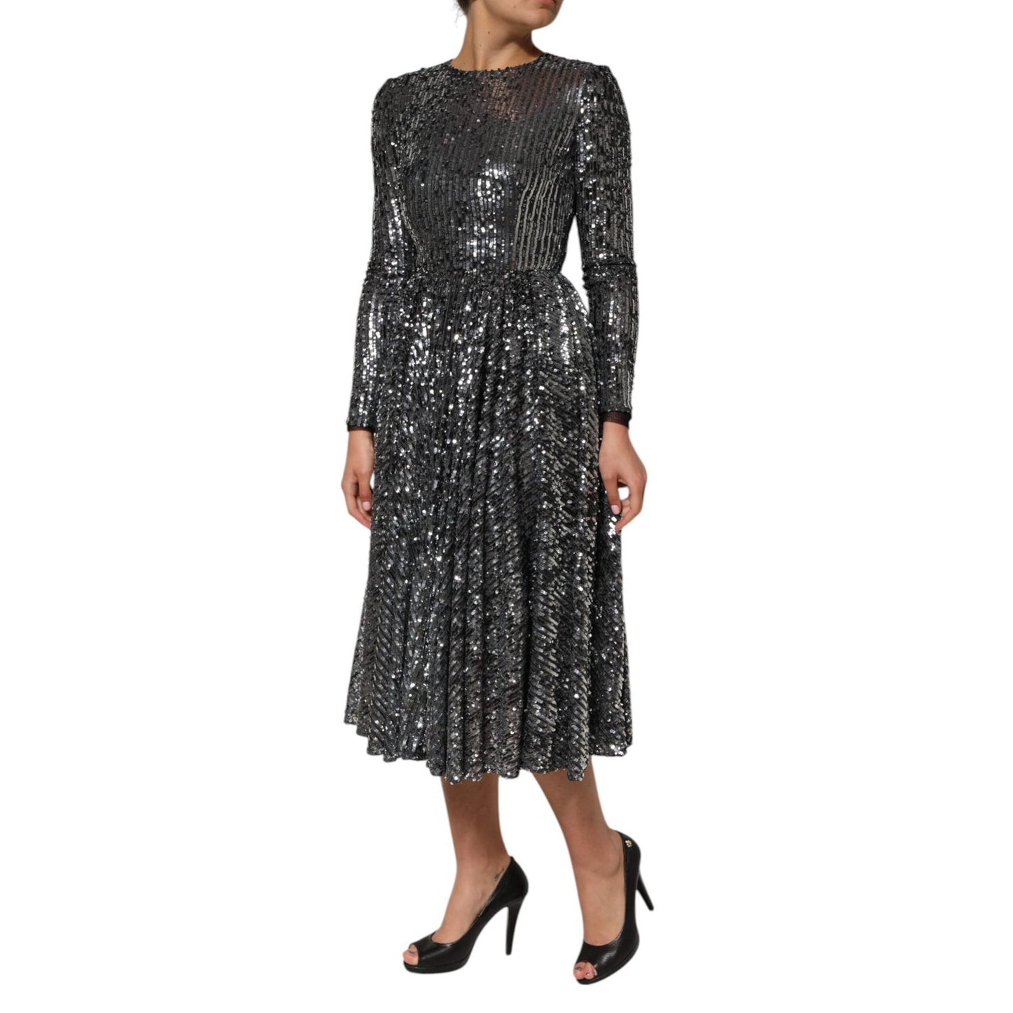 Dolce & Gabbana Black Sequined Long Sleeves Midi A-line Dress Dolce & Gabbana