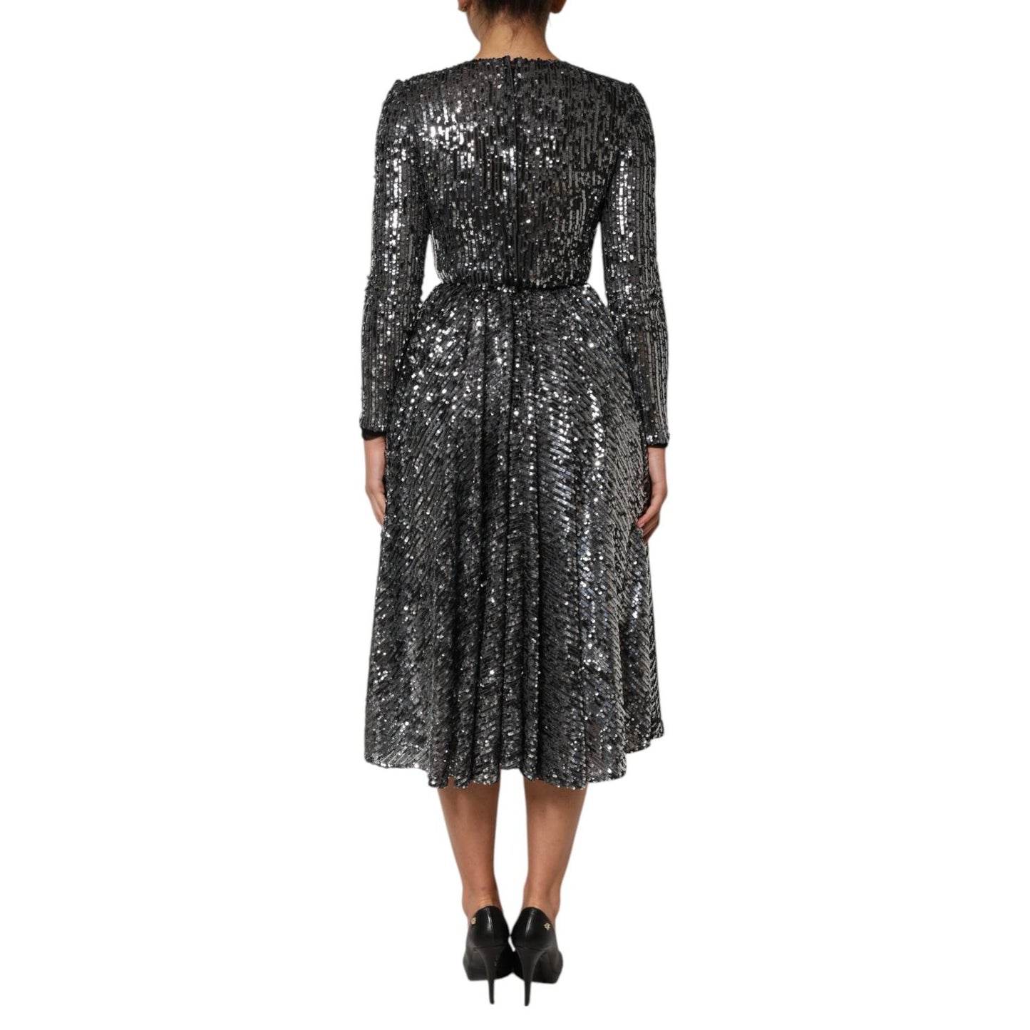 Dolce & Gabbana Black Sequined Long Sleeves Midi A-line Dress Dolce & Gabbana
