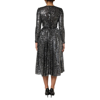 Dolce & Gabbana Black Sequined Long Sleeves Midi A-line Dress Dolce & Gabbana