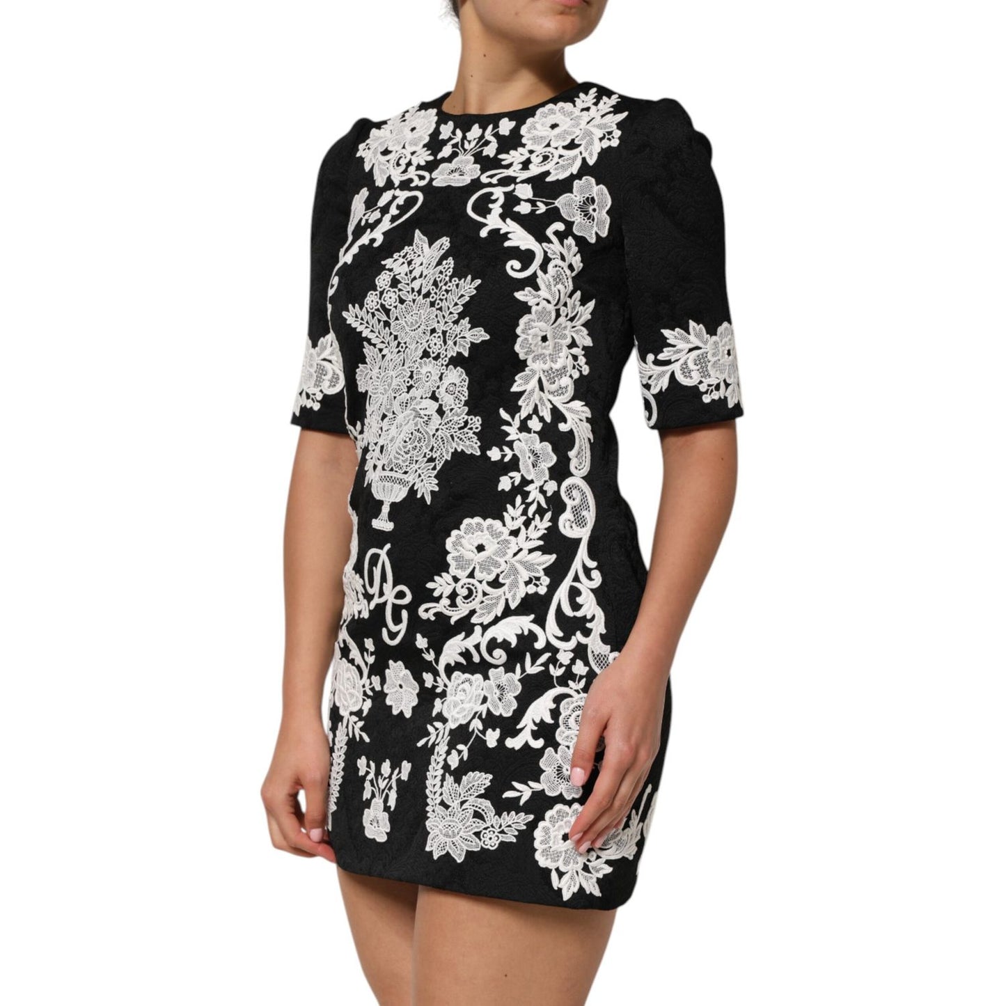 Dolce & Gabbana Black Lace Trim Short Sleeves A-line Dress Dolce & Gabbana
