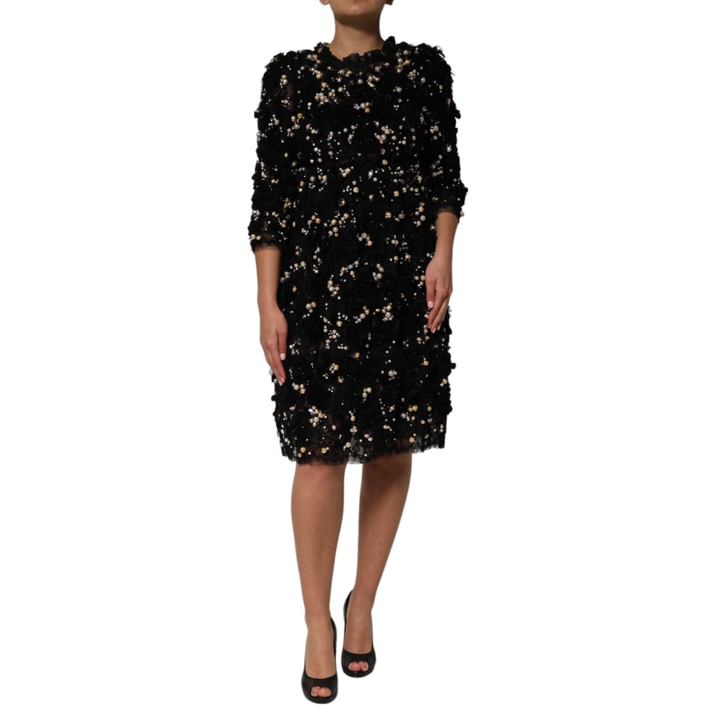 Dolce & Gabbana Black Viscose Pearl Embellishment Shift Dress Dolce & Gabbana