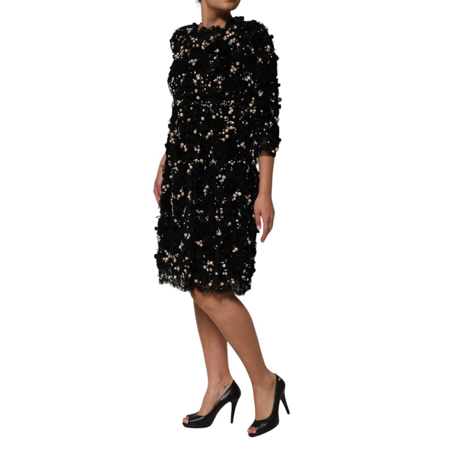 Dolce & Gabbana Black Viscose Pearl Embellishment Shift Dress Dolce & Gabbana