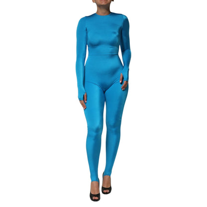 Dolce & Gabbana Blue Nylon Crew Neck Bodycon Jumpsuit Dress Dolce & Gabbana