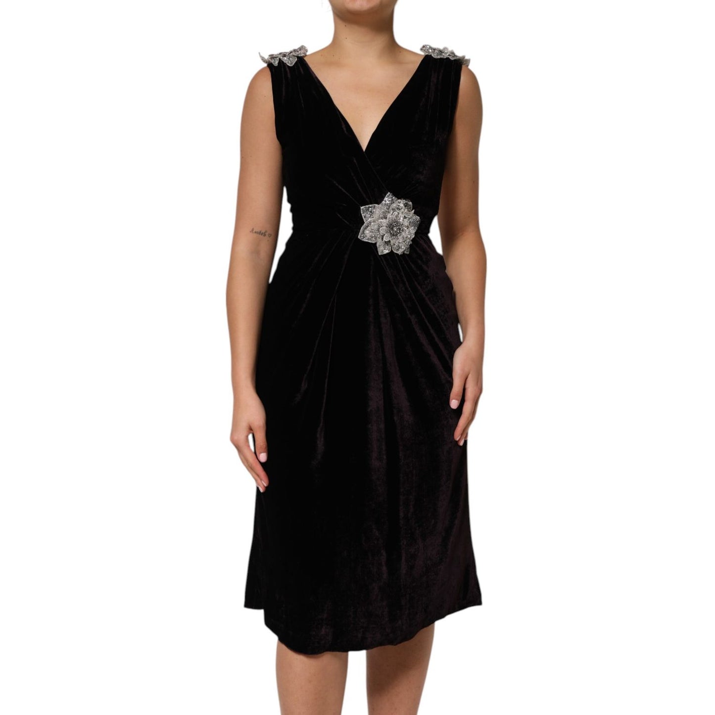 Dolce & Gabbana Black Velvet Flower Embellishment Aline Dress Dolce & Gabbana