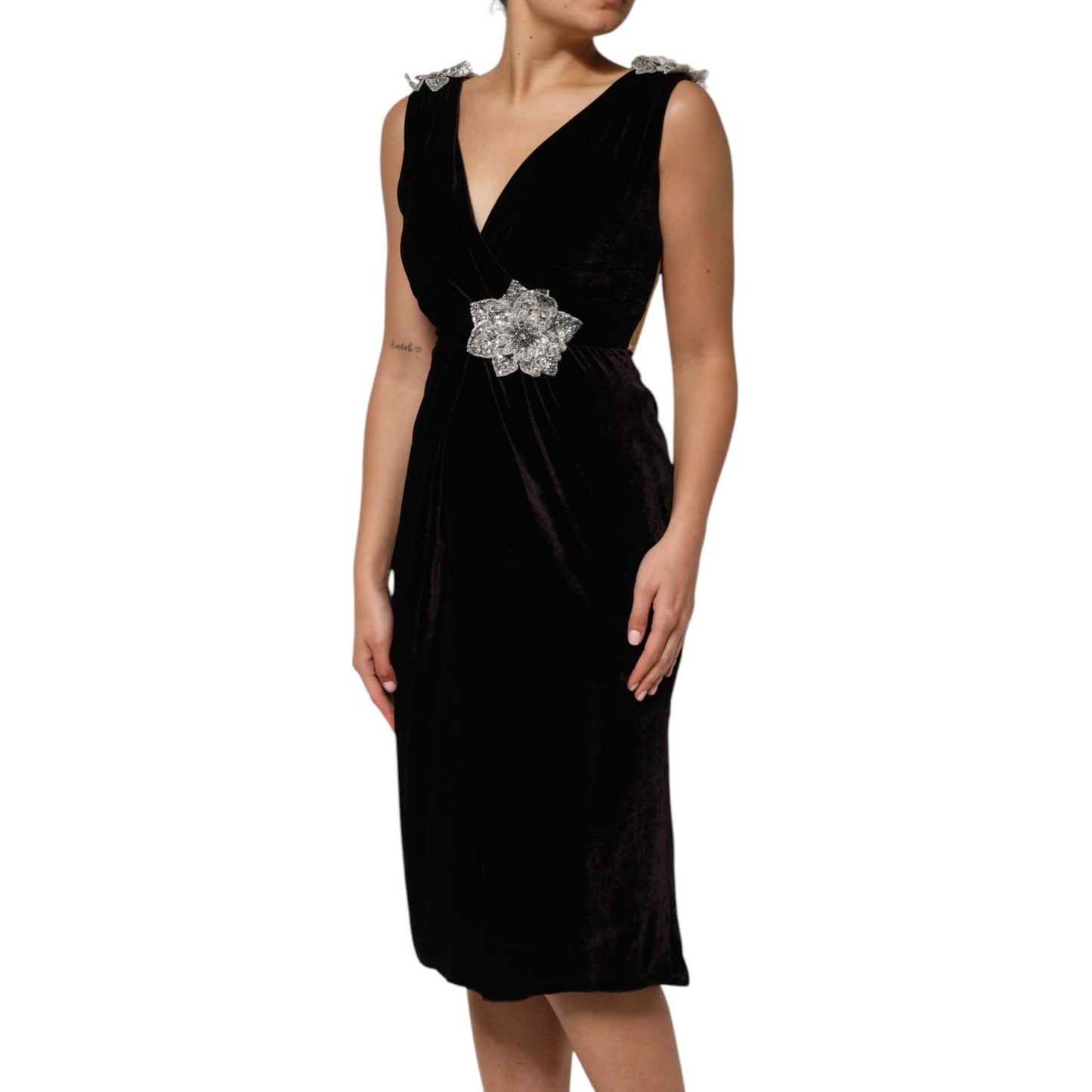 Dolce & Gabbana Black Velvet Flower Embellishment Aline Dress Dolce & Gabbana