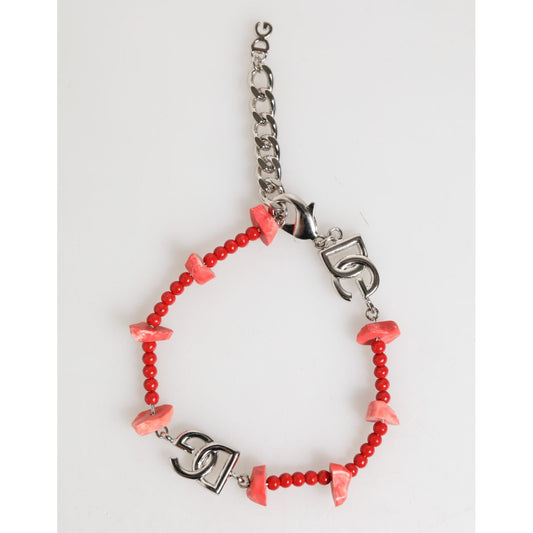 Dolce & Gabbana Silver Tone Brass Beaded Resin DG Logo Chain Men Bracelet Dolce & Gabbana