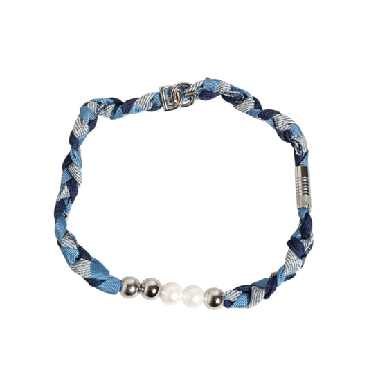 Dolce & Gabbana Blue White Braided Silver Metal Logo Beaded Men Bracelet Dolce & Gabbana