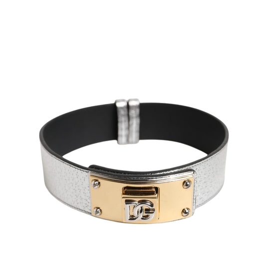 Dolce & Gabbana Silver Textured Leather Gold Tone Metal Neckband Dolce & Gabbana