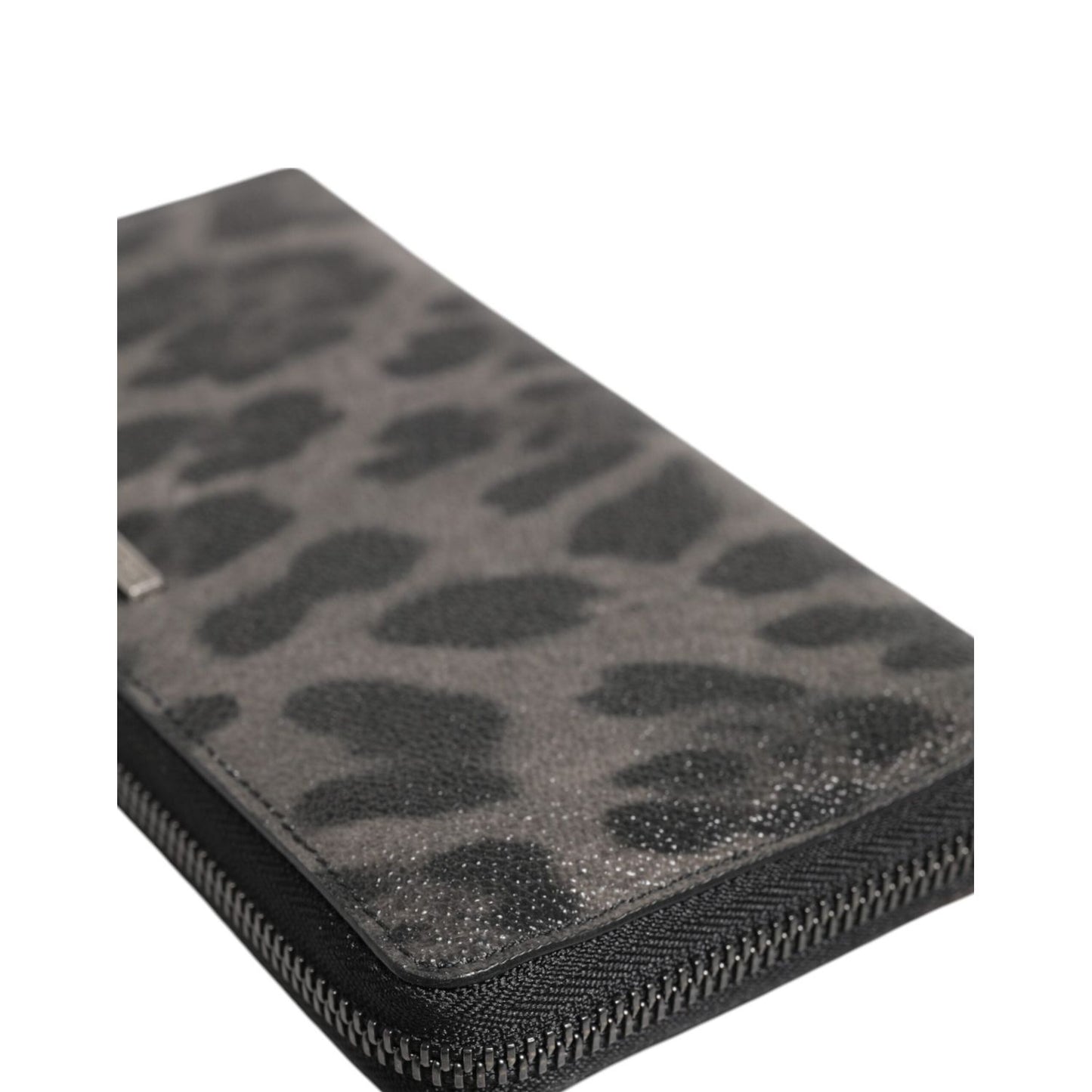 Dolce & Gabbana Black Gray Leopard Leather Zip Around Continental Wallet