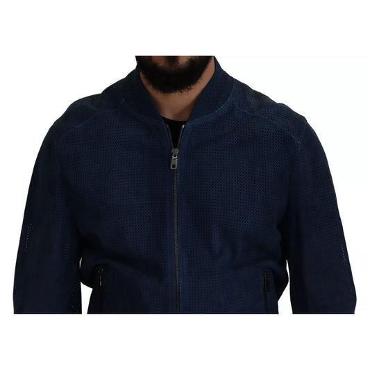 Dolce & Gabbana Blue Leather Perforated Full Zip Jacket JKT3358-54