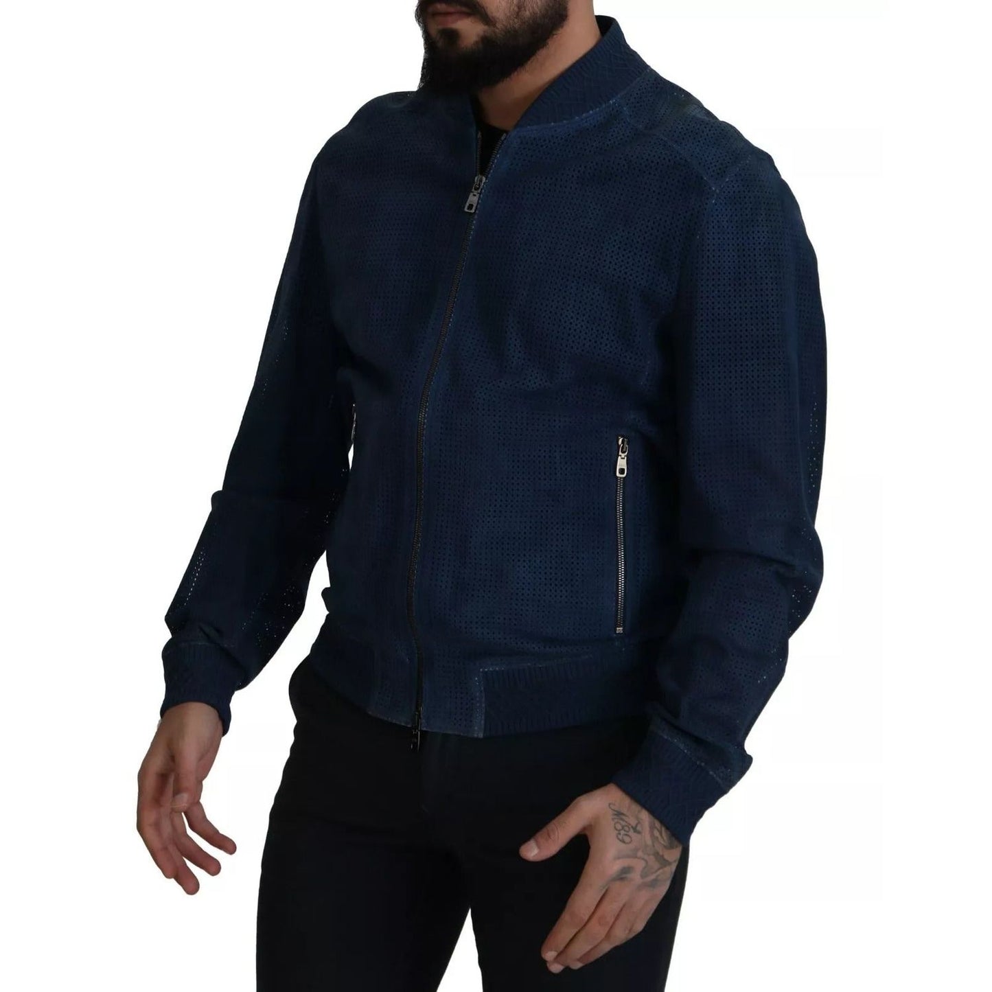 Dolce & Gabbana Blue Leather Perforated Full Zip Jacket JKT3358-54