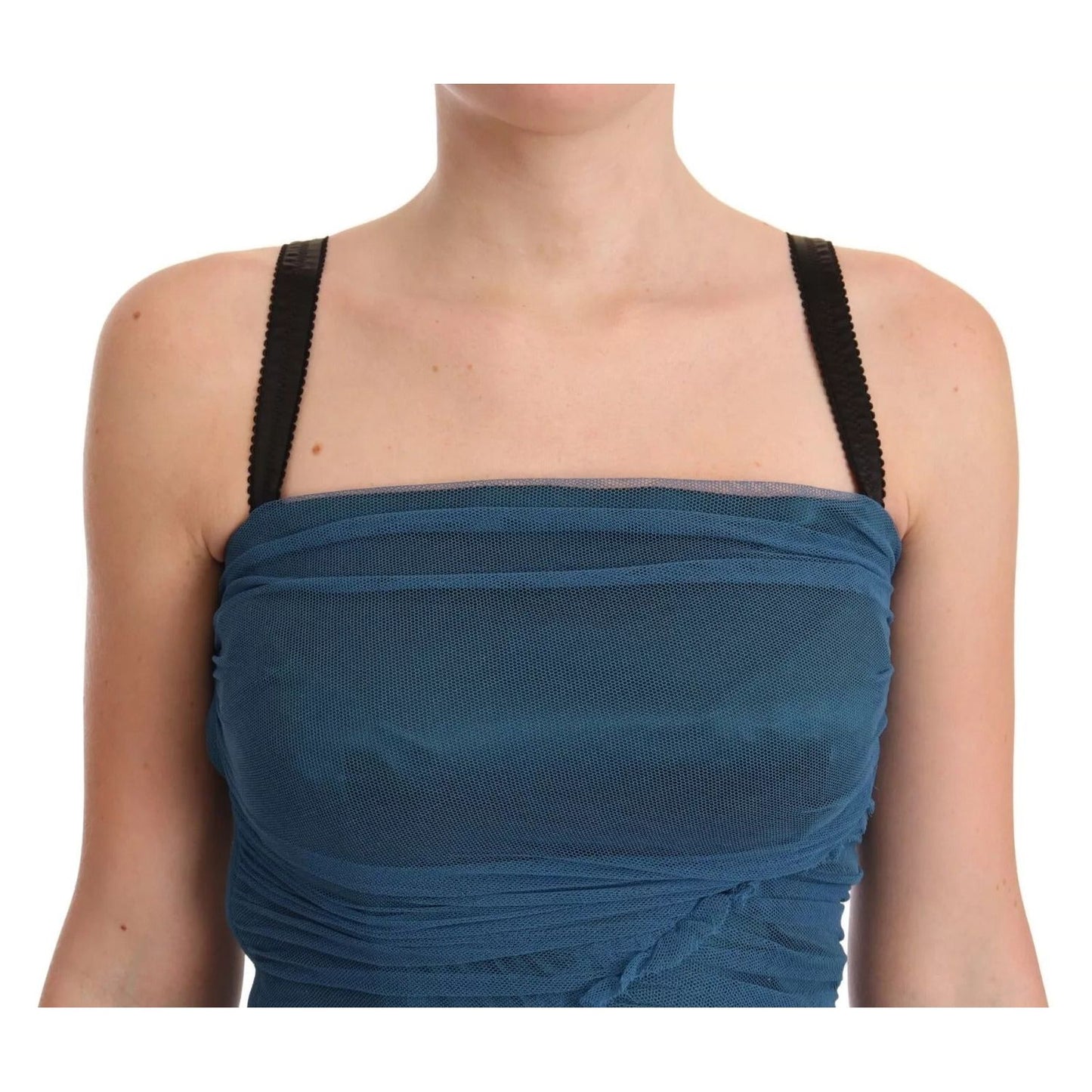 Dolce & Gabbana Blue Mesh Trim Ruched Tulle Sheath Dress Dolce & Gabbana