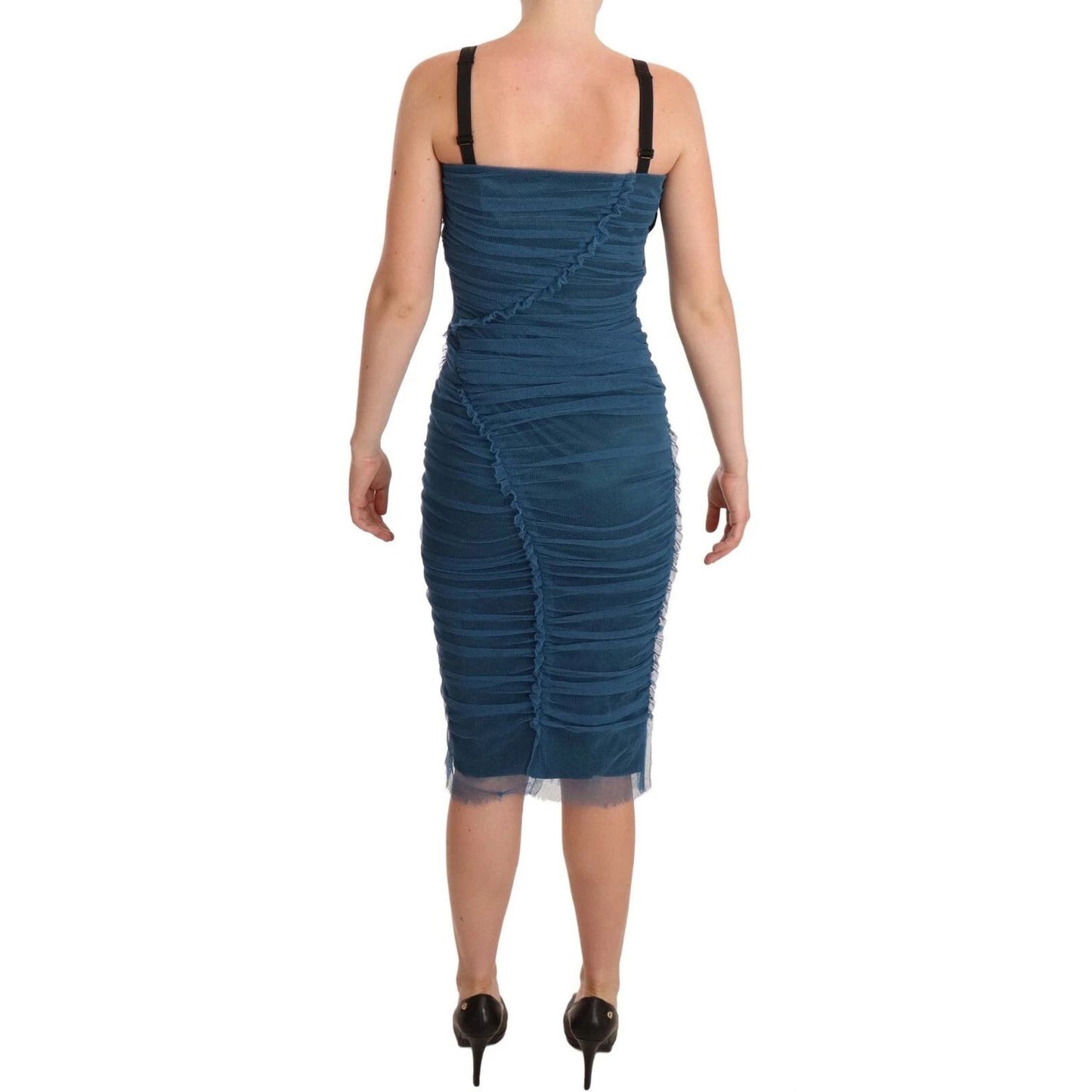 Dolce & Gabbana Blue Mesh Trim Ruched Tulle Sheath Dress Dolce & Gabbana