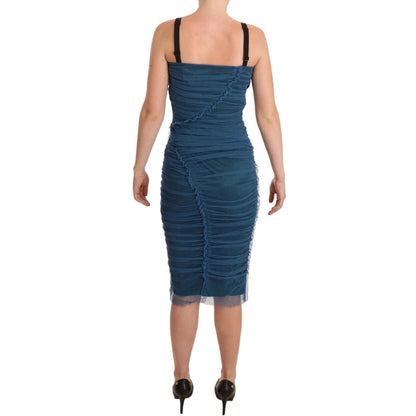 Dolce & Gabbana Blue Mesh Trim Ruched Tulle Sheath Dress Dolce & Gabbana