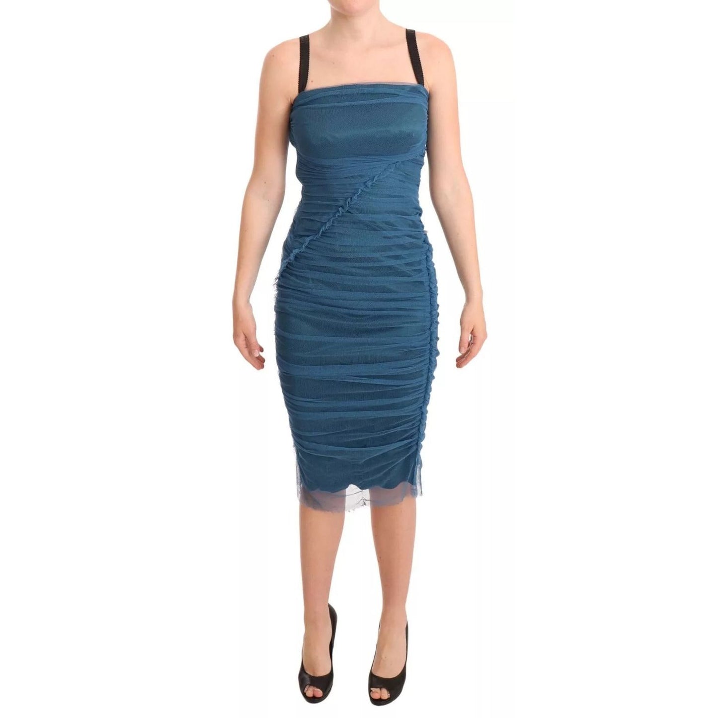 Dolce & Gabbana Blue Mesh Trim Ruched Tulle Sheath Dress Dolce & Gabbana