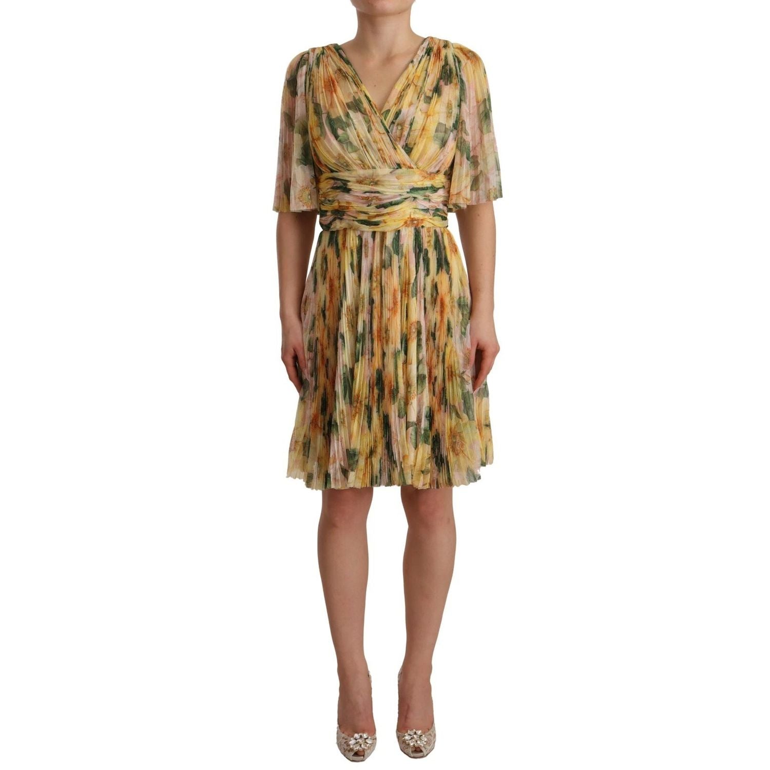 Dolce & Gabbana Yellow Floral Print Pleated Maxi Dress