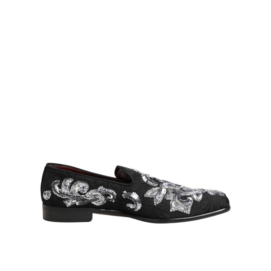 Dolce & Gabbana Black Silver Sequined Loafers Men Dress Shoes