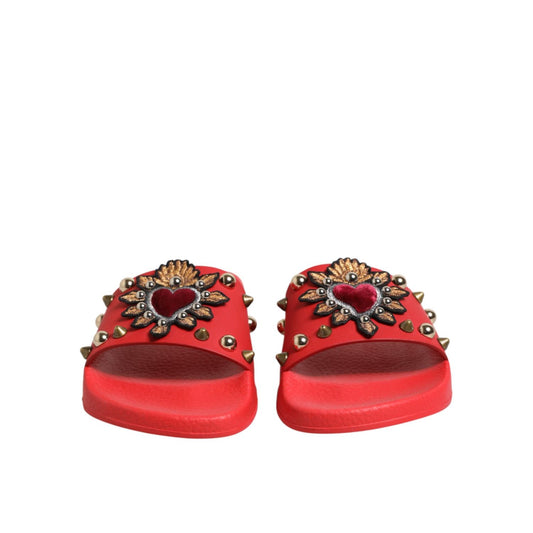 Dolce & Gabbana Red Sacred Heart Stud Slides Beachwear Shoes