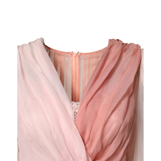 Dolce & Gabbana Pink Silk Tulle Long Sleeve V-neck Dress