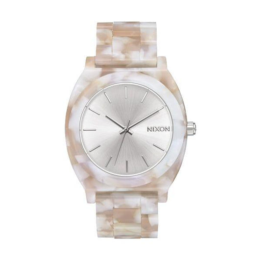 NIXON Time Teller watch with silver dial and marble-effect strap.